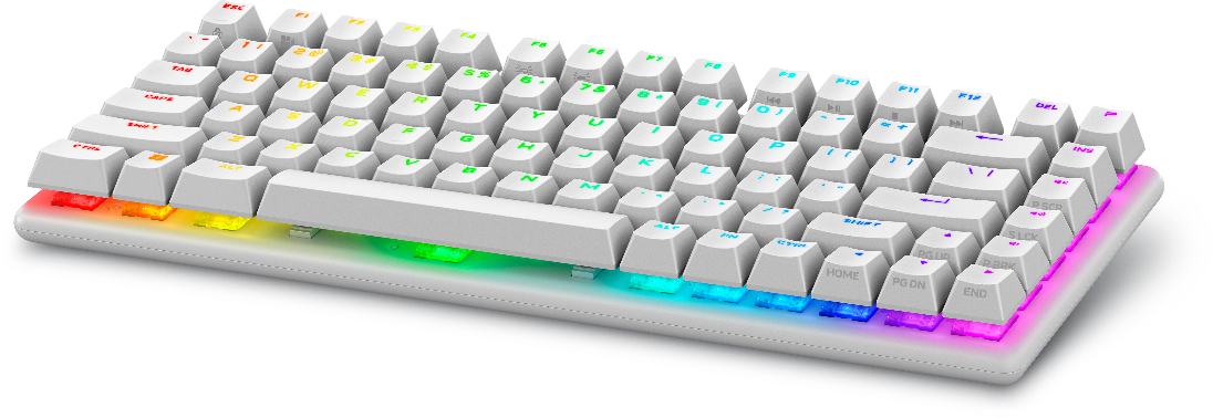 A white keyboard with green lights

Description automatically generated