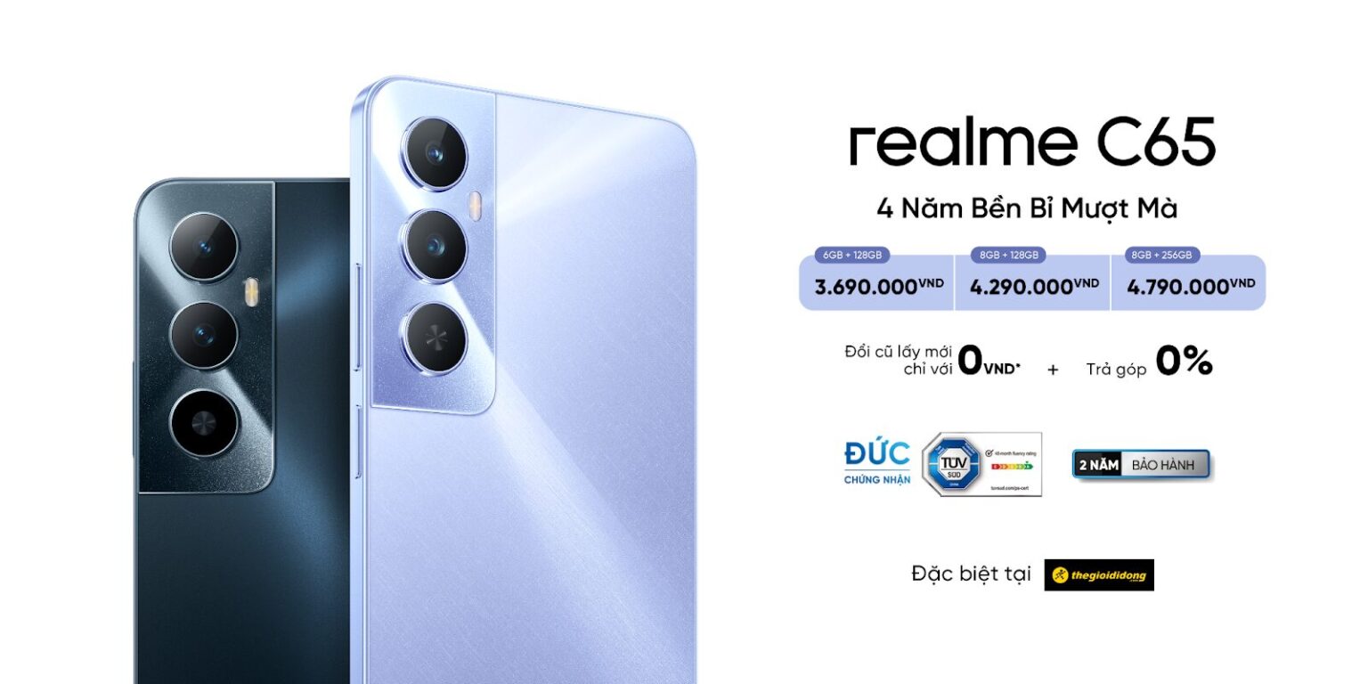 Chỉ từ 3.690.000 đồng, người dùng Việt đã có thể sở hữu realme C65 đầu tiên trên thế giới phá đảo phân khúc với độ bền bỉ mượt mà lên đến 4 năm do chứng chỉ của Đức chứng nhận và sạc nhanh 45W